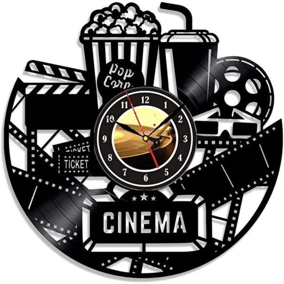 Home Theater Cinema and Popcorn Vinyl Record Wall Clock Movie Film Time Clock